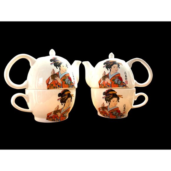 2 Vintage Porcelain Japanese Geisha Tea Set - Picture 1 of 9